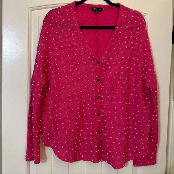 Racheal Hot Pink/White Dot VNeck Cardigan. Twee. Mod. Retro. Preppy. - Picture 8 of 8